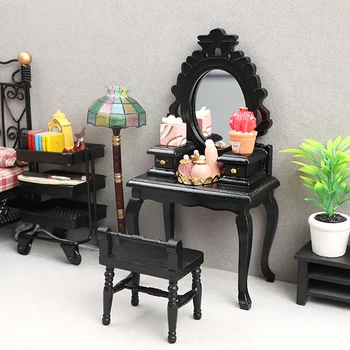 1:12 Dollhouse Miniature Wooden Furniture Makeup Dressing Table with Stool Decor мебель для куколь дома