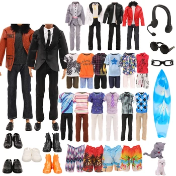 16 предметов Аксессуаров для куклы Кен = 1 Костюм-куртка + 4 Топ-шорты + 1 Пляжные брюки + 4 Пары обуви + 1 Солнцезащитные очки + 1 Очки + 1 гарнитура + 2 домашних питомца