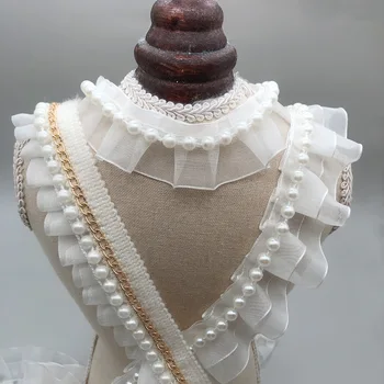 2 ярда Высококачественной белой Жемчужной шифоновой сетчатой одежды с кружевной отделкой, ленты, ткань для декольте, Свадебная вечеринка, домашний декор