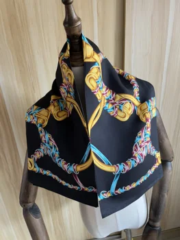 2022 новое поступление, весенний классический черный шарф с цепочкой из 100% чистого шелка, саржевый шарф ручной работы, рулон 90*90 см, шаль, обертывание для женщин, подарок леди