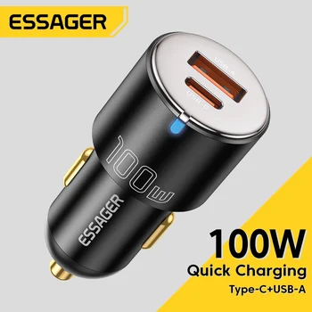 Essager 100 Вт Автомобильное зарядное устройство для быстрой зарядки Quick Charger QC PD 3.0 для iPhone 14 Type C USB Автомобильное зарядное устройство для Samsung Ноутбуков Планшетов