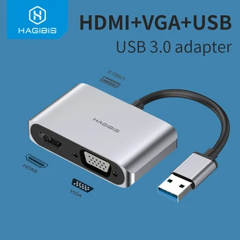 Hagibis USB 3.0-HDMI-совместимый VGA-адаптер 1080P с несколькими дисплеями 2в1, совместимый с USB-HDMI Конвертер для ОС Windows 7/8/10