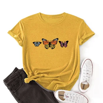 LingMeng Повседневная креативная женская футболка с тремя бабочками, эстетичный модный принт, Mian, короткие рукава, круглый вырез, свободная женская футболка