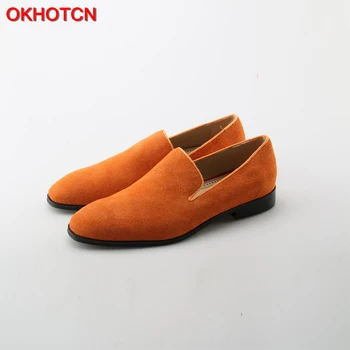 OKHOTCN/ Оранжевые Оксфорды с острым носком, Замшевая Модельная мужская обувь, Модные Zapatillas Hombre, Мужские официальные туфли без застежки, Размер 46