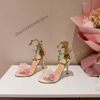 Босоножки с розовым Цветочным Декором в виде листьев, Открытый Носок, Ремешок с пряжкой, Женская обувь на тонком Высоком Каблуке, 2023, Большие Размеры, Модные, Пикантные Zapatos Para Mujere