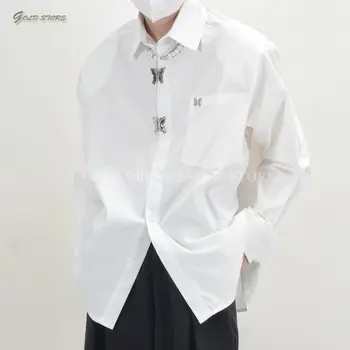 Весенне-осенняя модная мужская блузка высокого класса с длинным рукавом, простая повседневная шикарная рубашка, Свободные мужские