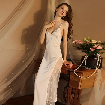 Женская Французская Ночная рубашка с Тонким Кружевом, Сексуальное платье на бретелях с открытой спиной, Вечерние платья из Ледяного Шелка, Длинный костюм для дома