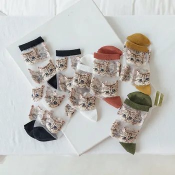Женские летние шелковые носки с кристаллами, милый мультяшный кот карамельного цвета, Весна-лето, модные ультратонкие забавные женские носки-трубочки в стиле Харадзюку