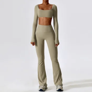 Женские Эластичные Компрессионные быстросохнущие расклешенные штаны и топы для йоги на спине, набор для фитнеса на открытом воздухе, Набор для йоги для бега