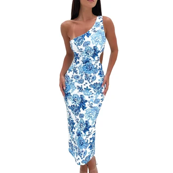 Женское Летнее облегающее платье миди синего цвета без рукавов с открытой спиной и цветочным рисунком на одно плечо