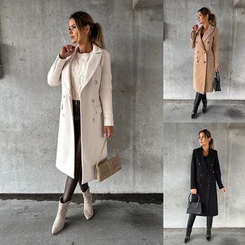 Женское пальто 2023 Fashoin, двубортное шерстяное пальто с длинными рукавами, Осенне-зимнее зимнее пальто, куртка Qomwn
