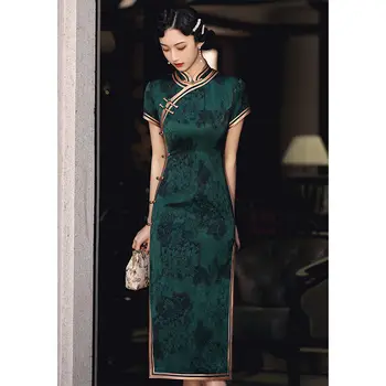 Китайский Винтажный Чонсам Темно-зеленого Цвета, Улучшенное ретро-Республиканское Элегантное Тонкое Длинное платье, Традиционная одежда Ципао для женщин