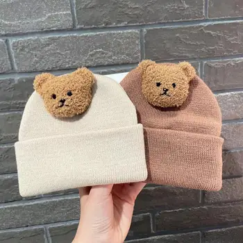 Корейская детская осенне-зимняя шапка, вязаная теплая шапка с милым медведем для новорожденных, детская шапочка, однотонные мягкие вязаные шапки для маленьких девочек и мальчиков