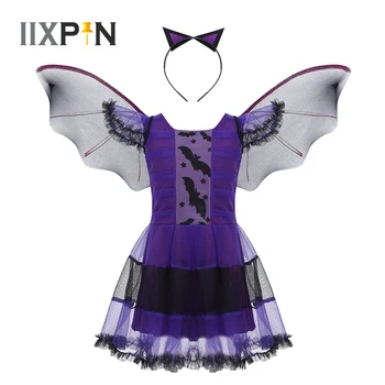 Костюм Летучей мыши на Хэллоуин для девочек, Фиолетовое платье принцессы-летучей мыши с крыльями летучей мыши и обручем для волос, повязка на голову, комплект костюмов для косплея, Тематическая вечеринка