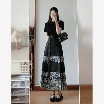 Летние Элегантные Черные платья Hanfu, костюм, рубашка с коротким рукавом, юбка с лошадиным лицом, женское китайское платье, традиционная повседневная одежда