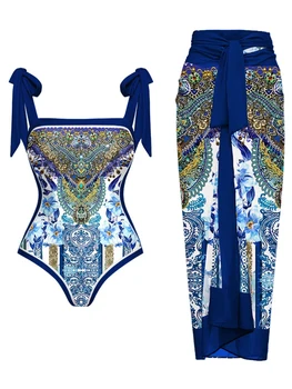 Летний Модный Женский цельный купальник с цветным принтом 2023, с завязками на плечах, с бантом, Винтажный купальник-бикини и накидкой