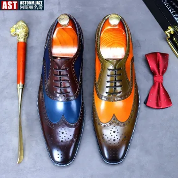 Модные мужские кожаные туфли из воловьей кожи в британском стиле, разноцветные деловые броги с резным острым носком, мужские офисные свадебные туфли