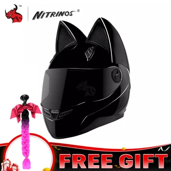 Мотоциклетный шлем NITRINOS, Полнолицевой Шлем Casco Moto, Дышащий Шлем Для Мотокросса Со Съемными Кошачьими Ушками, Обтекаемый Шлем Для Женщин