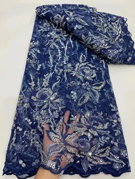 Новейшее Нигерийское Сетчатое Кружево С Синей свадебной вышивкой Sequence 2023 Роскошная Свадебная Кружевная ткань с жемчужным бисером Для вечеринки 5 Ярдов
