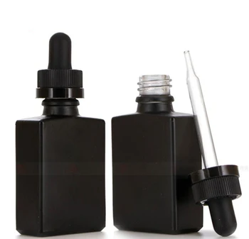 Оптовые 30 мл матовые черные квадратные стеклянные флаконы-капельницы для жидкости e, эфирного масла, стеклянная бутылка с пипеткой-капельницей