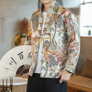 Осенне-весенняя Новая мужская одежда в китайском стиле, пальто на пуговицах, топы с воротником-стойкой, трендовая традиционная одежда эпохи Тан Большого размера