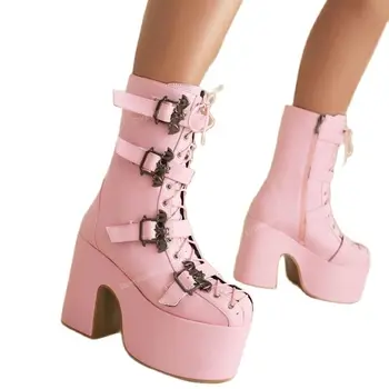 Розовые ботинки из матовой кожи с ремешками и декором, женская обувь на платформе с круглым носком, туфли на высоком массивном каблуке 2023 Zapatos Para Mujere