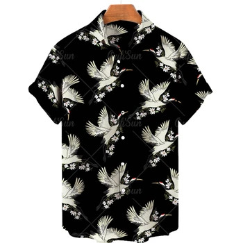 Рубашка с 3D Принтом 2022, Пляжная Гавайская Рубашка с Рисунком Журавля, Летняя Уличная Одежда с коротким Рукавом, Негабаритная Сорочка Homme Camisa Masculina
