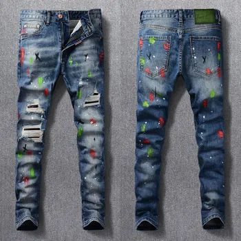 Уличные модные мужские джинсы в стиле ретро, синие эластичные тонкие рваные джинсы, Мужские винтажные брюки с дырками, расписные дизайнерские брюки в стиле хип-хоп, Hombre