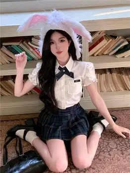 Школьная форма в Японском Корейском стиле, рубашка с высокой талией, Темпераментная рубашка с короткими рукавами, плиссированная юбка, униформа Jk для корейских девушек в стиле колледжа